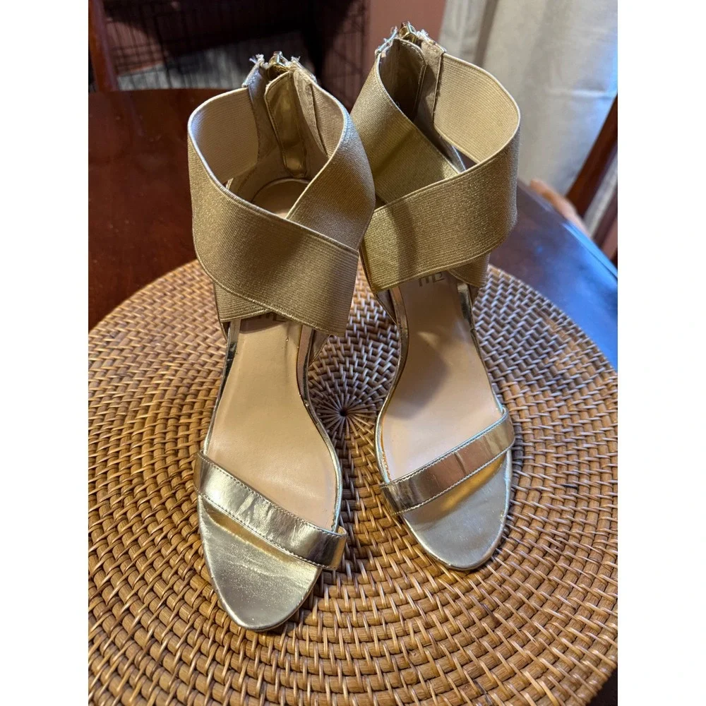 Madeline Girl Womens Metallic Gold Strappy Stiletto Heels Ankle Strap Size 8